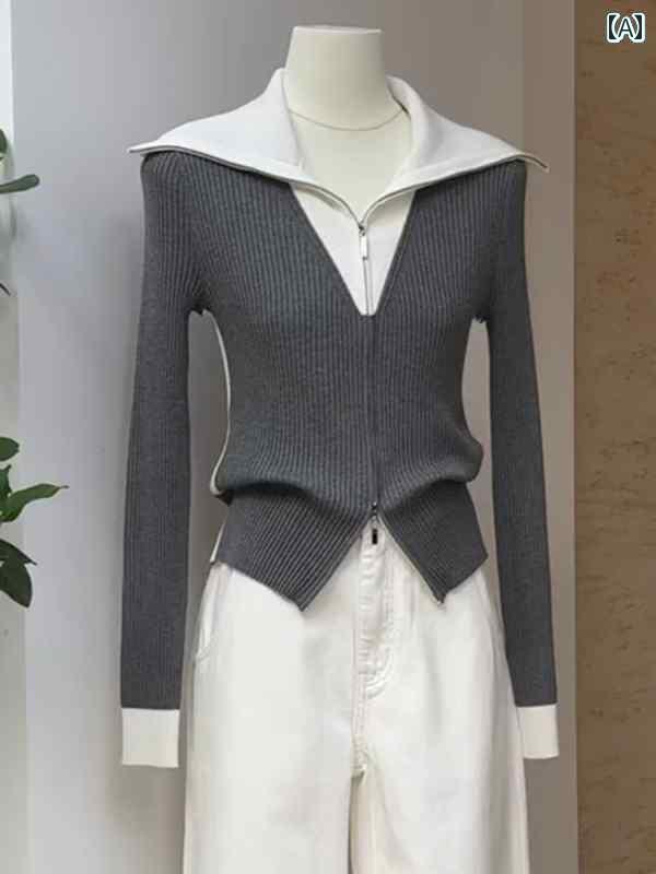 レディース トップス オシャレ 春 グレーの ダブル ジッパー ニットカーディガン 2025 秋冬 エッジ ス..