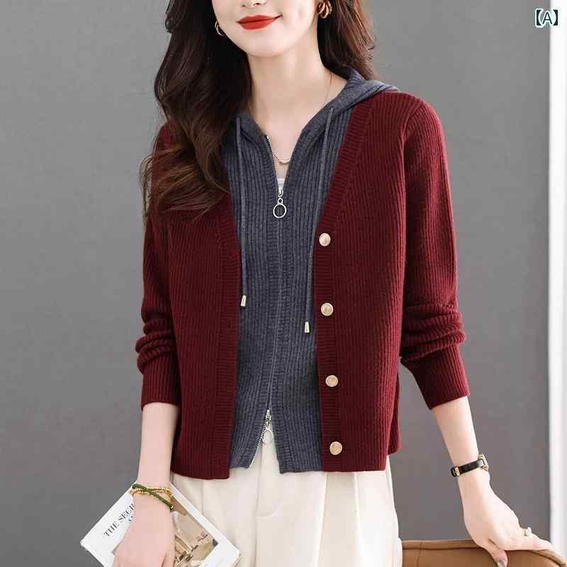 楽天willあさひ楽天市場店レディース トップス オシャレ 春 女性用 フェイク ツーピース フード付き パッチワーク トップス 春秋 シャネル 風 ニットカーディガン アウター 無地 セーター ジャケット