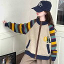 レディース トップス オシャレ レトロ の レインボーストライプ セーター 女の子用 秋冬 ニットカーディガン ラウンドネック ジッパー スタイル 厚手 コート