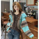 レディース トップス オシャレ 不規則な の コントラスト ストライプセーター コート レディース 秋冬用 ゆったり ショート Vネックニットカーディガン トッ...