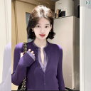レディース トップス オシャレ 高級 パープル フェイク ツーピース ニットカーディガン コート 女性用 早春 ステッチ セーター アウターウェア スモール トップ(4)