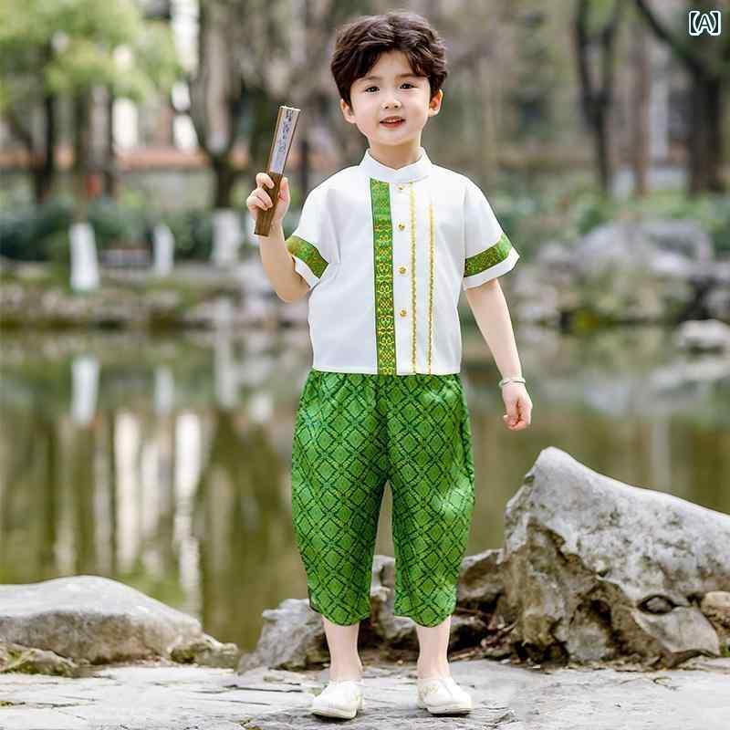 セットアップ キッズ コスプレ 子供用 ダイ 族の 服 男の子用 エキゾチックな 中国 唐装 タイ 風 シーサンパンナ 雲南省の 水 かけ 祭りの 衣装