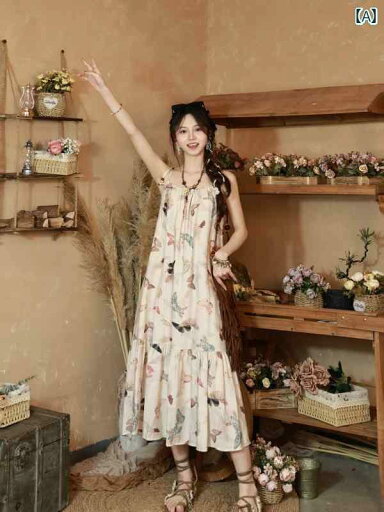 レディース ワンピース かわいい ボヘミアン レトロ スイート ロング スカート バタフライ プリント ドレス スーパー フェアリー フローラルビーズ スリム サスペンダー レディース ワンピース かわいい ボヘミアン レトロ スイート ロング スカート バタフライ プリント ドレス スーパー フェアリー フローラルビーズ スリム サスペンダー