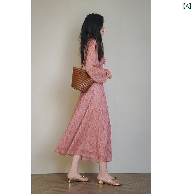 レディース ワンピース かわいい 美 白 ジャム ピンクの 高級 雰囲気の フランスの レトロ 花柄 ワンピース シフォン ウエスト 長袖 ロング スカート