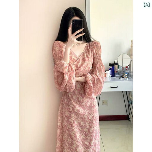 レディース ワンピース かわいい 女性用 ピンクの 花柄 ドレス 春夏 フレンチスタイル Vネック ランタン スリーブ お姫様 スタイル 高級 シック シフォン レディース ワンピース かわいい 女性用 ピンクの 花柄 ドレス 春夏 フレンチスタイル Vネック ランタン スリーブ お姫様 スタイル 高級 シック シフォン