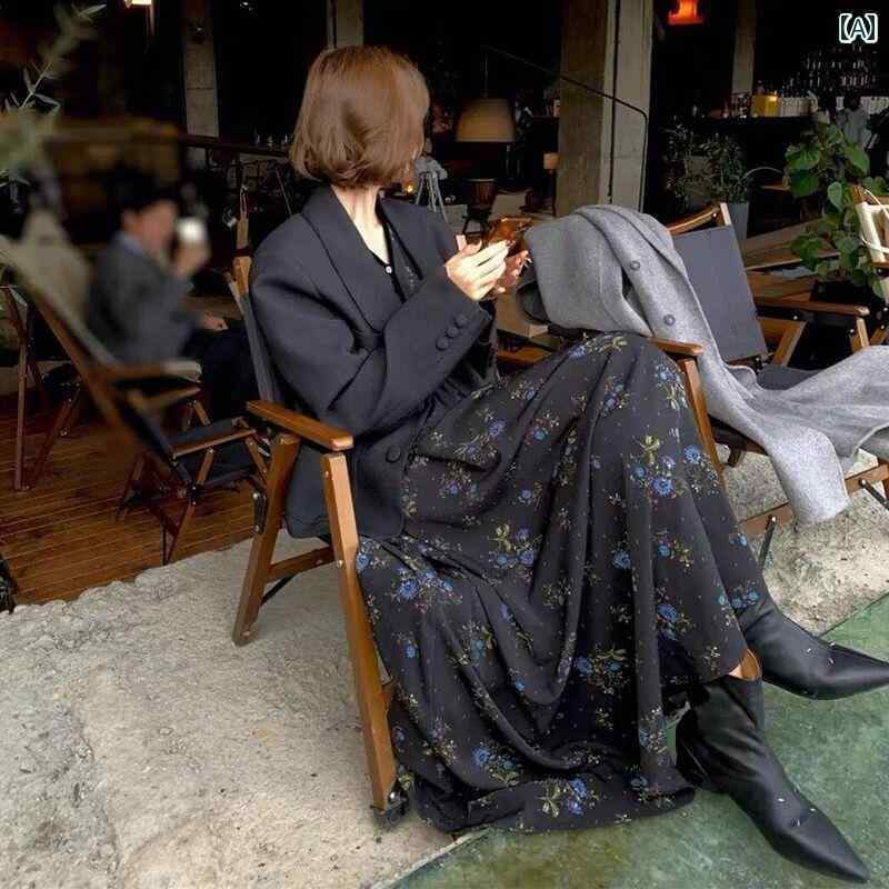 レディース ワンピース かわいい 2025 春秋 花柄 ワンピース Vネック レトロ ハイエンド ウエスト スリミング ビッグ スカート ボトム ロング レディース