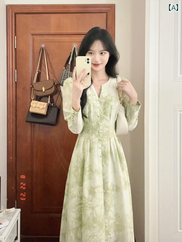 レディース ワンピース かわいい フレンチ グリーン パフスリーブ 長袖 ドレス レディース 春秋 宮殿 ドレープ ウエスト ロング スカート