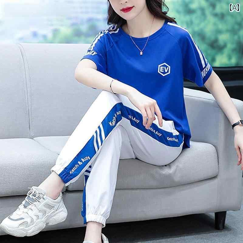 レディース ジャージ 楽ちん スポーツウェア スーツ 2025 夏の レディース カジュアル ファッション ツーピース スタイリッシュで 年齢を 減らす な 半袖 ズボン