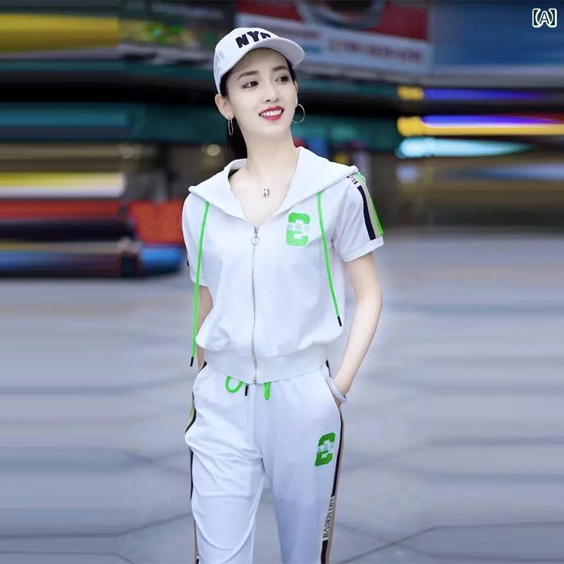 レディース ジャージ 楽ちん 2025夏の レディース スポーツウェア カジュアル ファッション スーツ 半袖 ズボンな ツーピース 商品