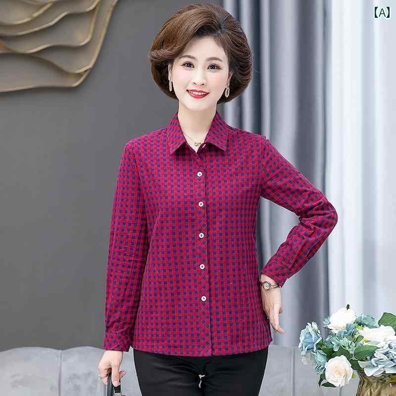 楽天willあさひ楽天市場店レディース かわいい 母の 綿 シャツ レディース 長袖 春秋服 義母 トップス チェック ゆったり 大きいサイズ
