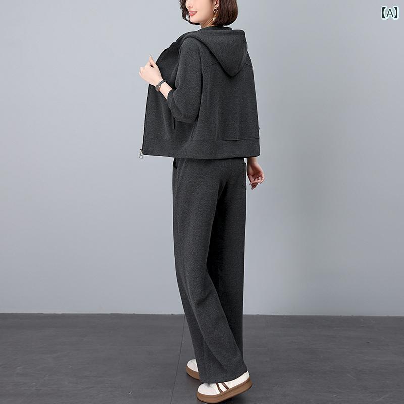 レディース おしゃれ 韓国 2025 春秋 レディースファッション フード付き セーター スーツ 中年 レジャー スポーツ スタイル ゆったり ワイド レッグ パンツ ツーピース