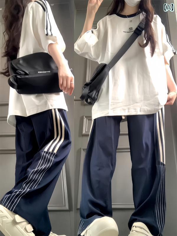 レディース トップス オシャレ 韓国 夏の レディース アメリカ カジュアル スポーツウェア スーツ 綿の ゆったりした ステッチの ストライプの 半袖 ズボンの ツーピース