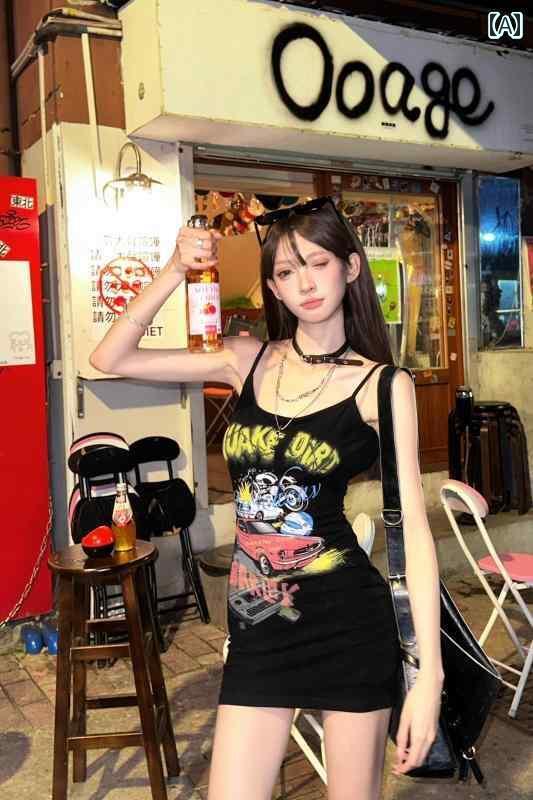レディース トップス オシャレ 韓国 レディース かわいい アメリカン レトロ プリントの ホット ガール バックレス ブラック サスペンダー ドレス 女性用 夏 ウエスト スリムフィット セクシー ヒップ ショート スカート