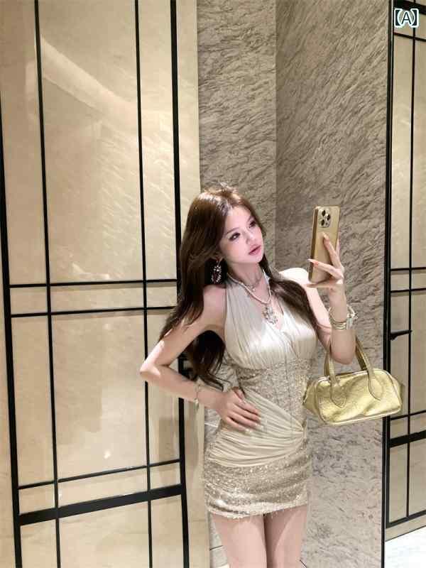 レディース トップス オシャレ 韓国 ロイヤル シスター スパンコールの バックレス ホルターネック ド..