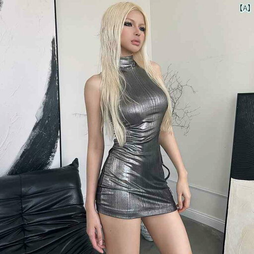 キャミソール ワンピース かわいい 未来の テクノロジー センス ハーフ ハイネック シルバー ノースリーブドレス 2024年 ホット ガール セクシー スリム ヒップ ショート スカートの キャミソール ワンピース かわいい 未来の テクノロジー センス ハーフ ハイネック シルバー ノースリーブドレス 2024年 ホット ガール セクシー スリム ヒップ ショート スカートの