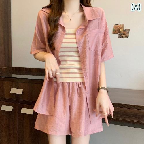 かわいい 春夏 レディース 大きめ サイズ やや 太めの mm スリム ファッション シャツ トップス ショーツ サスペンダー ベスト スリーピース セットの 完全な セットを 備えた 夏の 服装