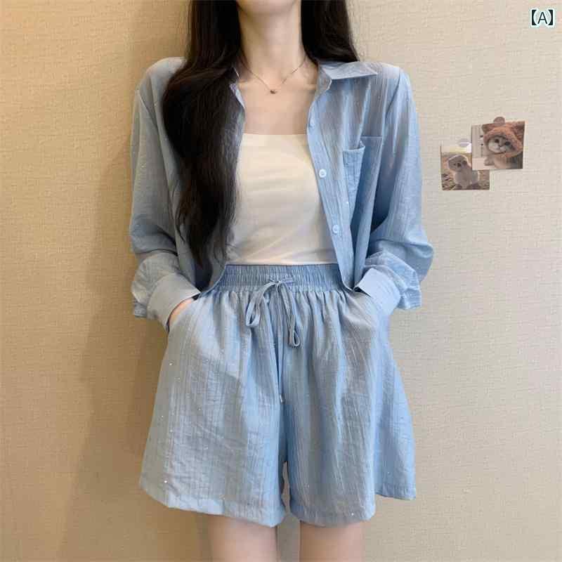 かわいい 春夏 秋に 女性用 韓国 長袖 日焼け防止 シャツ スーツ mm スリミング で カジュアル ワイド レッグ ショーツ ツーピース スーツ。