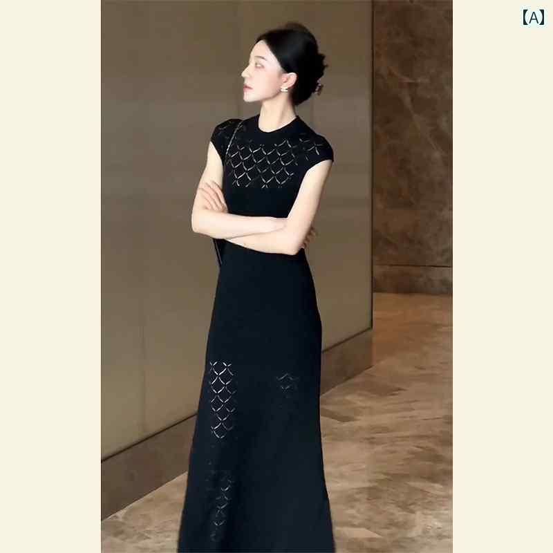 かわいい 春夏 夏の フレンチ シンプルで 上品な ハイエンドの お姫様 風の クール ハイエンド 黒の 透かし彫りの ドレス