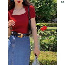 帽子 オシャレ レディース メンズ フランスの レトロ 赤い スクエアネック ニット Tシャツ 女性用 夏用 スタイル ユニークで 美しい スリムフィットの 鎖...