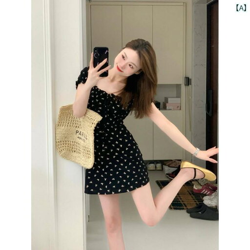 レディース トップス かわいい 春夏 フレンチスクエア ネックの なの 蝶の プリント ドレス レディース ウエストの ワンショルダーの 短い スカート 小柄な 人向け 夏 レディース トップス かわいい 春夏 フレンチスクエア ネックの なの 蝶の プリント ドレス レディース ウエストの ワンショルダーの 短い スカート 小柄な 人向け 夏