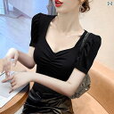 レディース トップス かわいい 春夏 スクエアネック パフスリーブ 半袖 魅惑的 トップ レディース フレンチシック ホット ガール ショート Tシャツ 夏 黒 ローカット シャツ