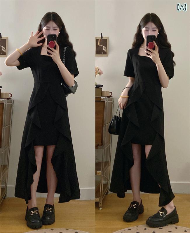 レディース トップス かわいい 春夏 ブラック スクエアネック ストレート ショルダー ワンピース 2025 夏 大きいサイズ mm ウエスト ハイエンド フレンチ イレギュラー ロング スカート