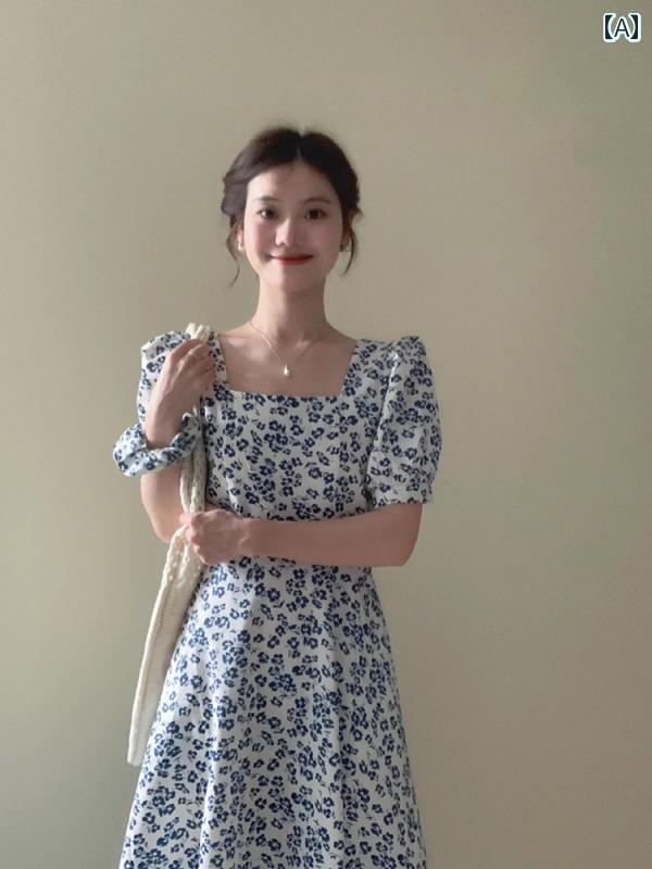 レディース トップス かわいい 春夏 フレンチスクエア ネックの 青い 花柄 ワンピース。 女性用。 ハイエンドな 夏。 スリムフィットで 上品な 雰囲気の ロング(4)