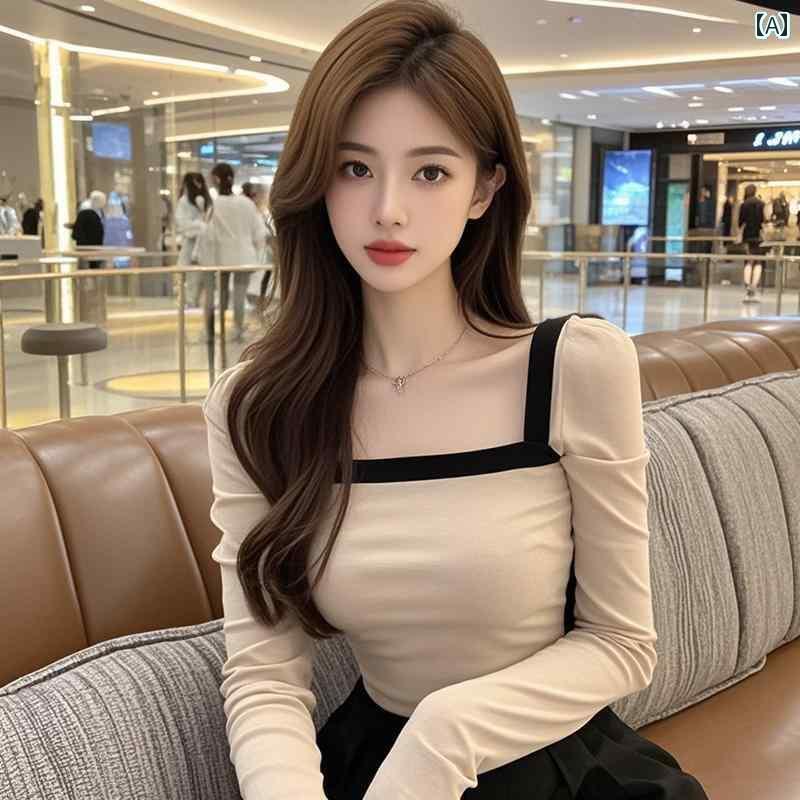 レディース トップス かわいい 春夏 フランスの 優しい スクエアネック 長袖 レイヤリング シャツ 女性 ハイエンド レディ スリムフィット ショート トップ