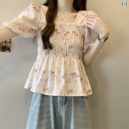 レディース トップス かわいい 春夏 太めの 女性向け 大きめの スクエアネック 半袖 シャツ。 ウエストを 細くした で 夏に ぴったりの フレンチ フローラル トップス。 レディース トップス かわいい 春夏 太めの 女性向け 大きめの スクエアネック 半袖 シャツ。 ウエストを 細くした で 夏に ぴったりの フレンチ フローラル トップス。