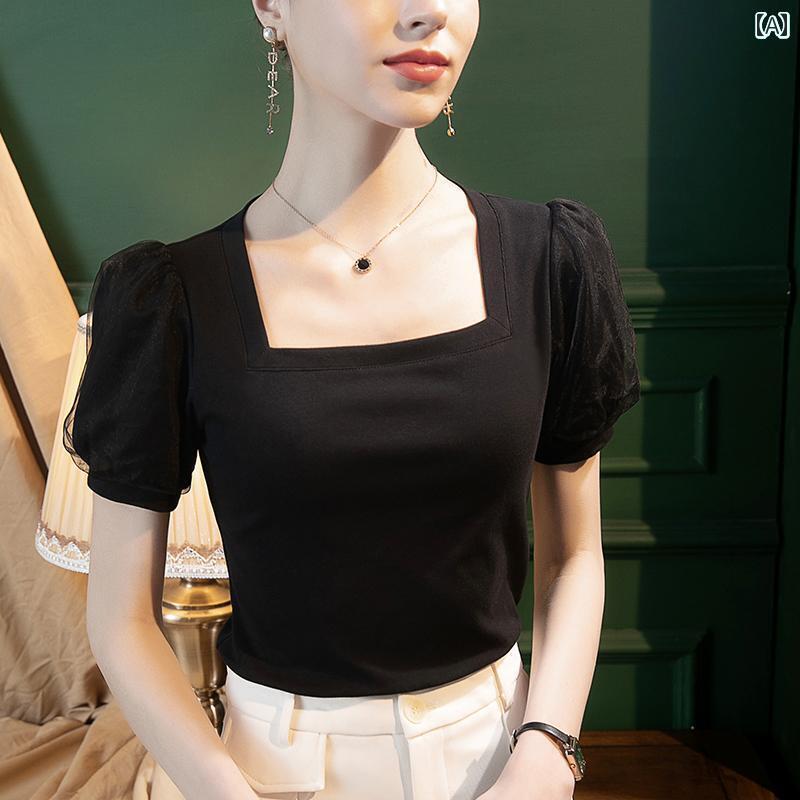 レディース トップス かわいい 春夏 フランス 綿 t スクエアネック Tシャツ メッシュ スプライシング パフスリーブ レディース 半袖 2024 夏 小さい シャツ トップ