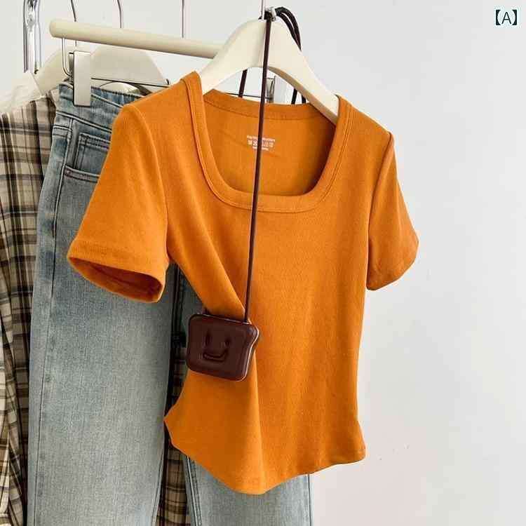レディース トップス かわいい 春夏 パンプキン カラー スクエアネック ストレート ショルダー 半袖 T..