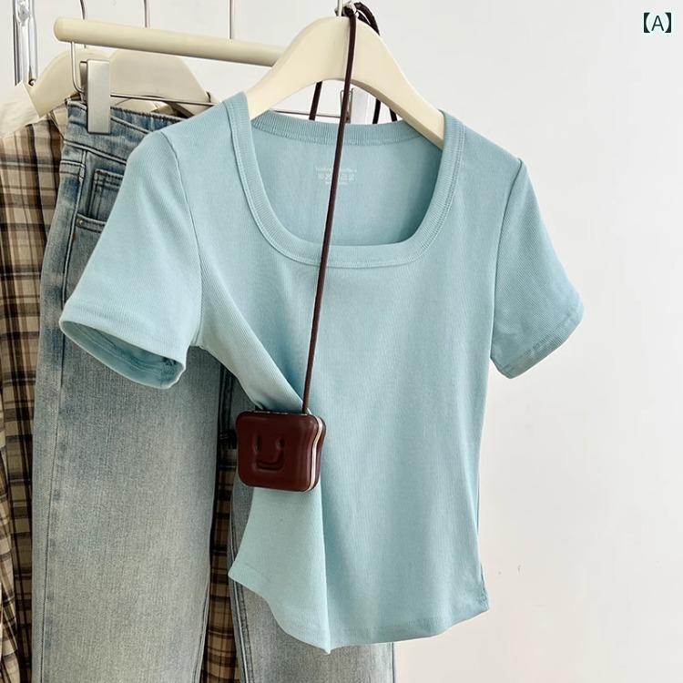 レディース トップス かわいい 春夏 海 ブルー スクエアネック ストレート ショルダー 半袖 Tシャツ レ..