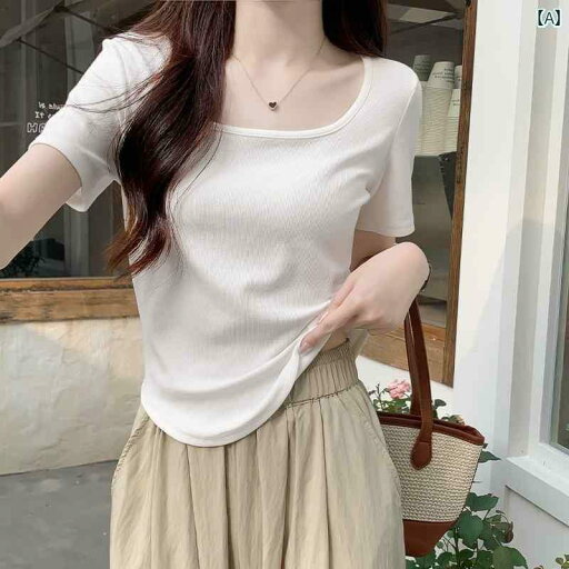 レディース トップス かわいい 春夏 ホワイト ストレート ショルダー 半袖 Tシャツ レディース 夏 2025新 スタイル スクエアネック カーブ ヘム スリムフィット トップス レディース トップス かわいい 春夏 ホワイト ストレート ショルダー 半袖 Tシャツ レディース 夏 2025新 スタイル スクエアネック カーブ ヘム スリムフィット トップス