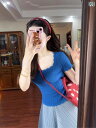 レディース トップス かわいい 春夏 ブルーの スクエアネック ストレート ショルダー ニット 半袖 Tシャツ レディース 夏 2025 スリム ショート フレ...