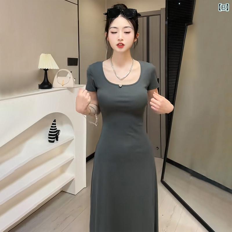 レディース トップス かわいい 春夏 早春の 黒の スクエアネックの ドレス 女性用 夏 2025 スタイル スリムフィット ハイエンド ウエスト ロング スカート