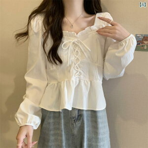 レディース トップス オシャレ 春夏 春の レディース スクエアネック ショート 長袖 トップス フランスの 広東省 普 寧 ミルク 裏地 パフスリーブ 疎外 プチ シャツ