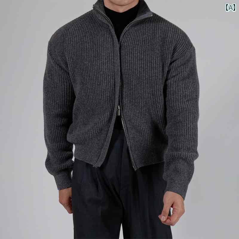 春服 シンプル スタンドカラーの 厚手 ニットカーディガン メンズ 春秋 スタイル ヘビーウェイト ハイエンド セーター 軽量 大人 ショート ジッパー ジャケット