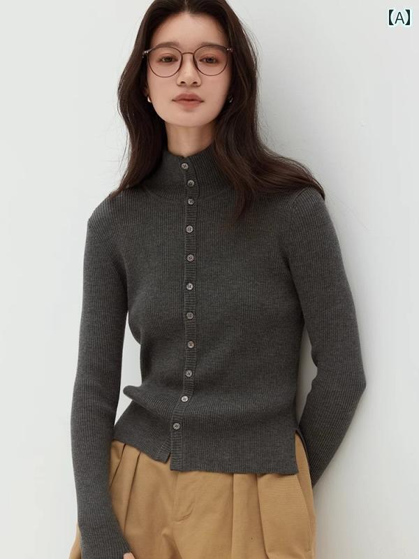 服 シンプル フランスの レトロ グレーの ハーフ タートルネックニット カーディガン レディース 秋冬..