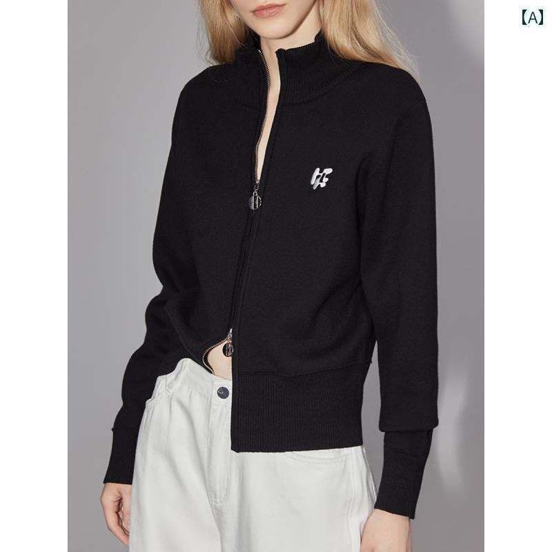 メンズ トップス オシャレ ELLE French ブラック スタンドカラー ジッパー ウール セーター レディース 2024冬 グレー カジュアル ジャケット