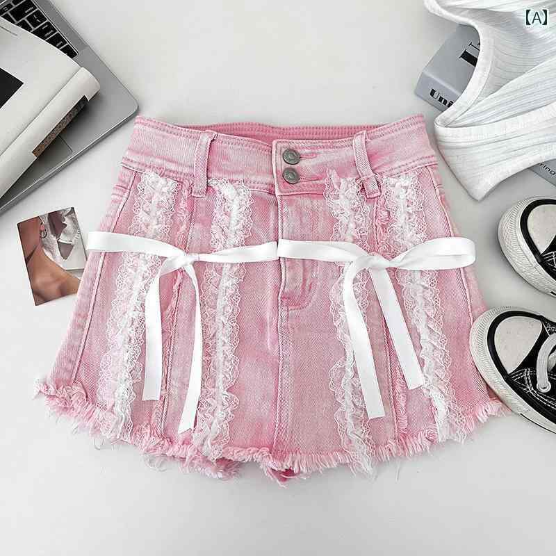 レディース スカート ショートパンツ アメリカン レトロ ホットティー レースアップ ハイウエスト スリム ジーンズ スカート ハーフ カジュアル パンツ ショート レディース