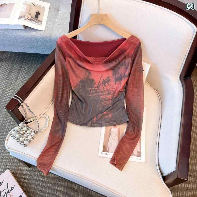 レディース トップス かわいい 春夏の レディース向け アメリカン レトロ タイ ダイ 長袖 Tシャツ タイトフィットの 二 重層 メッシュ 日焼け防止 シャツ スリムトップス