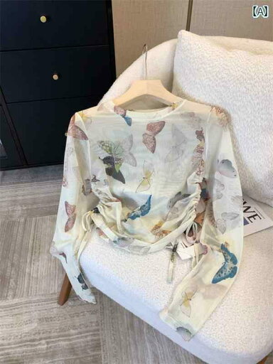 レディース トップス フレンチ タイ ダイ 柄の 蝶 柄 長袖 Tシャツ レディース 2025 春 ウエスト 紐 日焼け防止 効果の ある 透け 感の トップス レディース トップス フレンチ タイ ダイ 柄の 蝶 柄 長袖 Tシャツ レディース 2025 春 ウエスト 紐 日焼け防止 効果の ある 透け 感の トップス