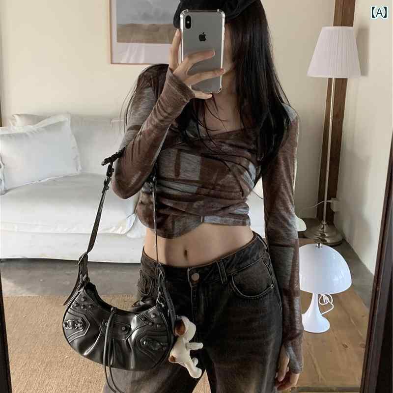 レディース トップス 大きいサイズ 太め mm 絞り 染め Vネック 長袖 Tシャツ 女性 秋 ホット ガール スリミングと 細 腹 カバー ショート トップ