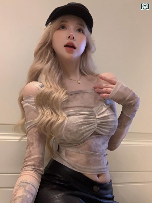 レディース トップス 魅惑的 オフショルダー メッシュ タイ ダイ ロングスリーブ Tシャツ インナーレイ..
