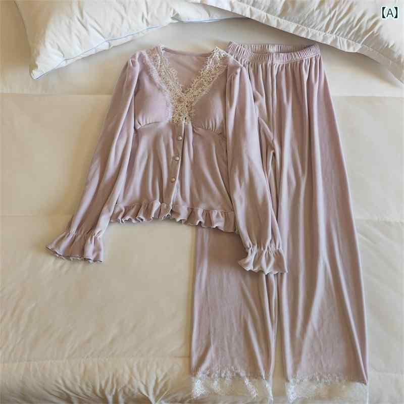 レディース ルームウェア かわいい 秋冬用 パッド入り パジャマ。 島の ベルベットの レースの 縁取りと な プリンセス スタイル。 外出時にも 家 着と して 着用 できます。