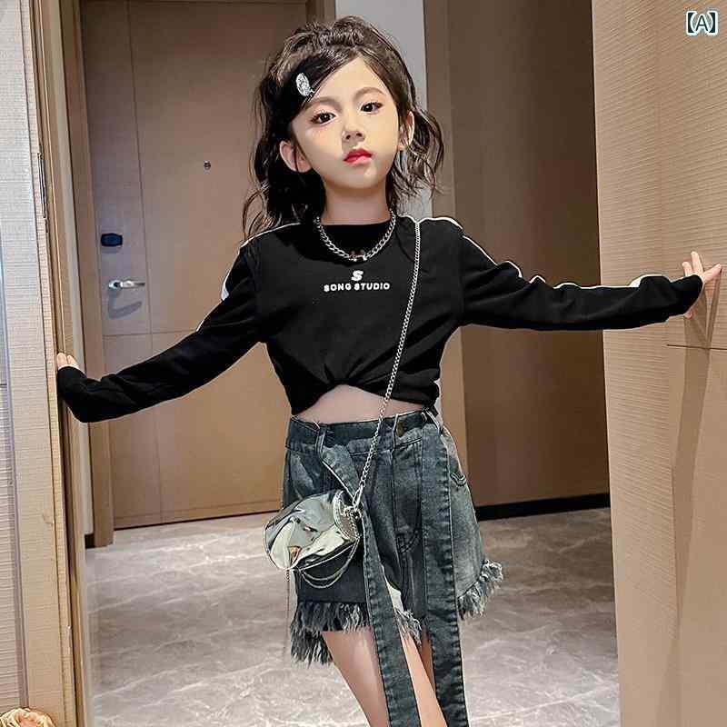 セットアップ キッズ おしゃれ 女の子 春秋 ジャズ ダンス スーツ カット オフ ジーンズ へそ 出し フ..