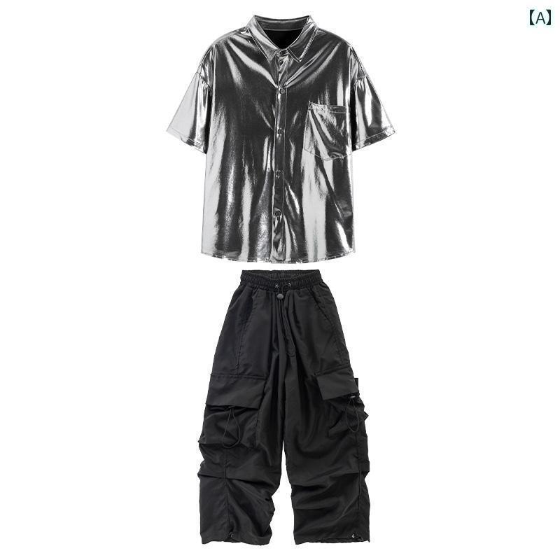 ダンス衣装 セットアップ ワイドパンツ ストリート ダンス 子供用 服 男の子 ヒップ ホップ シルバー ..