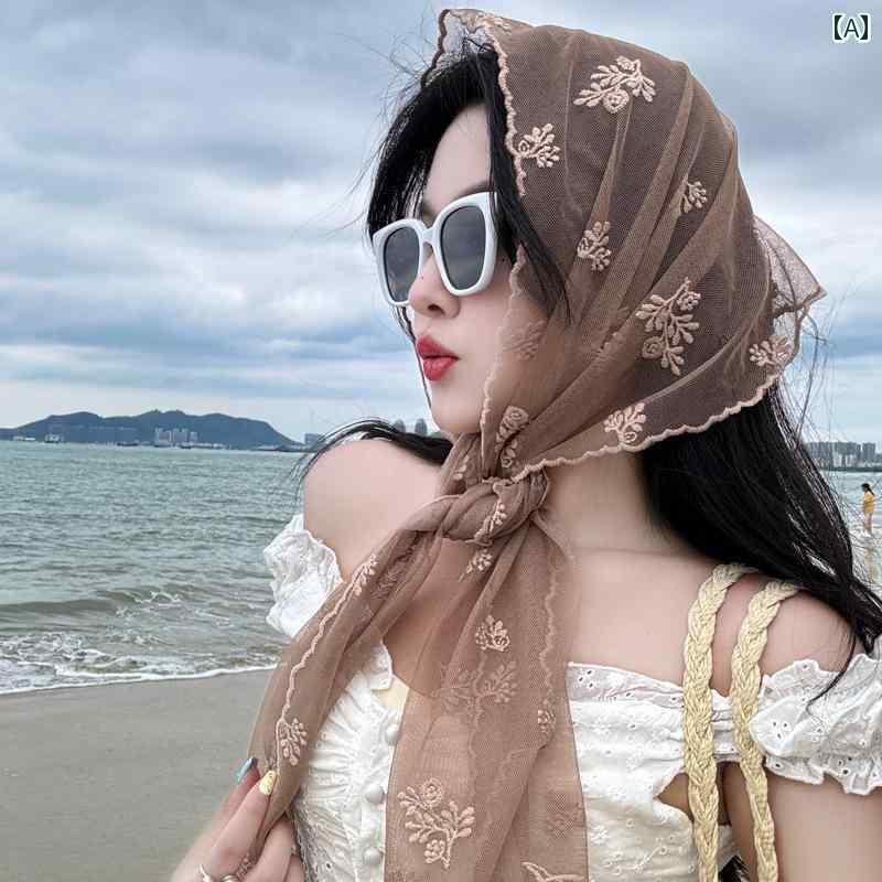 ターバン ヘアバンド レディース コーヒー 色の フレンチレースの 三角 スカーフ 花柄 レトロ 装飾の ..