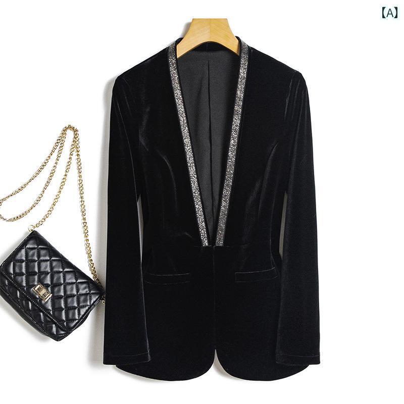 カーディガン レディース きれいめ 2025 春秋 ゴールド ベルベットの スモール スーツ ジャケット 女性..