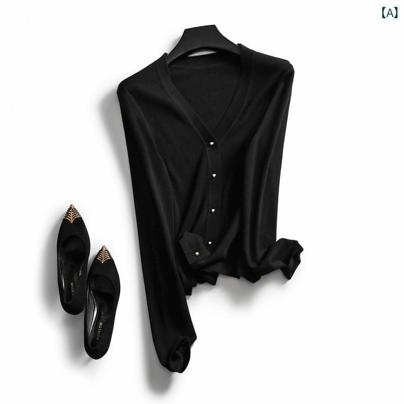 カーディガン レディース きれいめ 16本の 針と 60本の 針を 含む ウール 毛 玉が できにくい 単 列 メタル バックル Vネックの 長袖 無地 ニットカーディガン